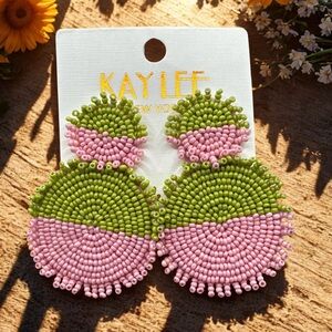Kay Lee Pink & Green Seed Bead Earrings